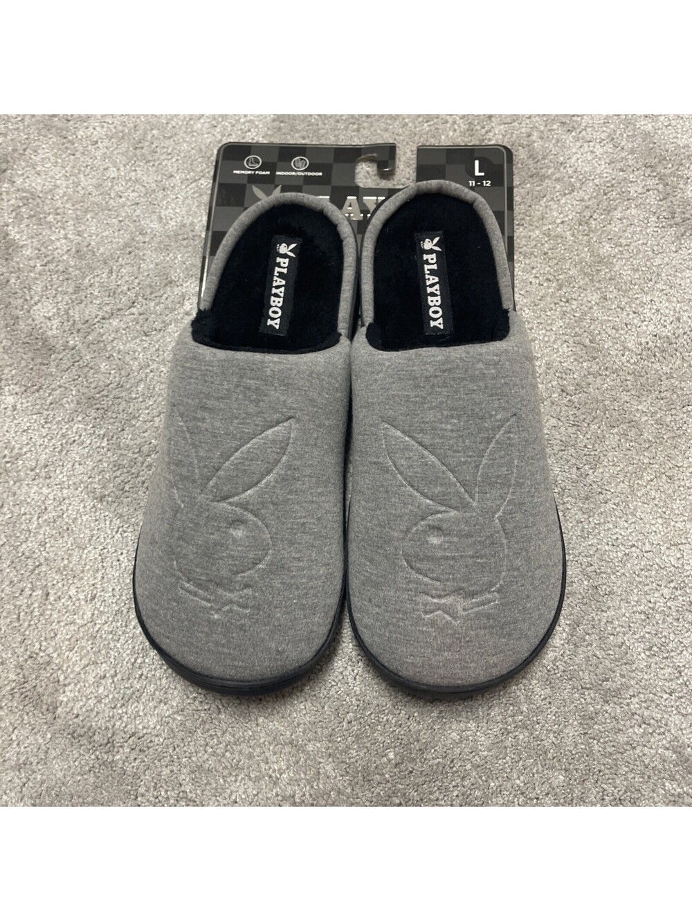Playboy Slippers Memory Foam Size Medium 11-12 Gray/Black Slip Ons NWT